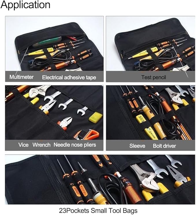 23 Pocket Tool Roll Up Bag for Wrenches & Spanners - Heavy Duty Oxford Organizer Pouch with Elastic Loops & Zipper Pocket, Portable Mechanic Storage Case for Motorcycle Truck Emergency Kit