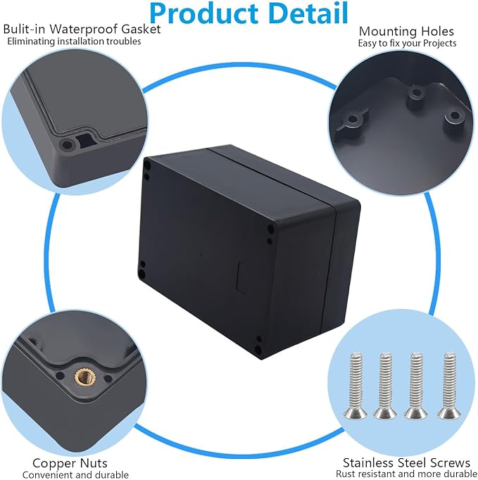 Project Box ABS Black Electrical Boxes IP67 Outdoor Waterproof box Electronic Junction Box Power Enclosure with Cable Glands for DIY Project 6.3 x 4.3 x 3.5 inch (160x110x90mm)