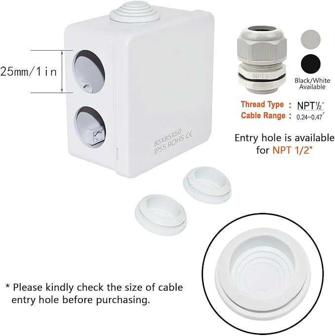 LeMotech ABS Plastic Dustproof Water Resistant IP55 Junction Box Universal Electrical Project Enclosure White 3.4 x 3.4 x 2 inch (85 x 85 x 50 mm)