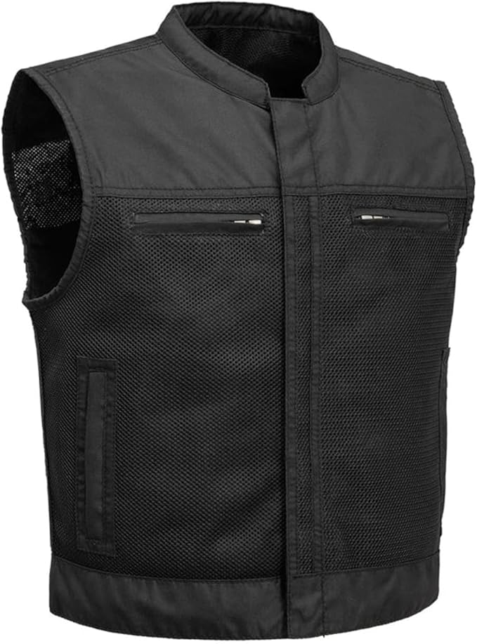 First Mfg Co Lowrider Mens Motorcycle Biker Riding Armor Club Style Black Leather, Twill, Moto Mesh, Perforated Vest
