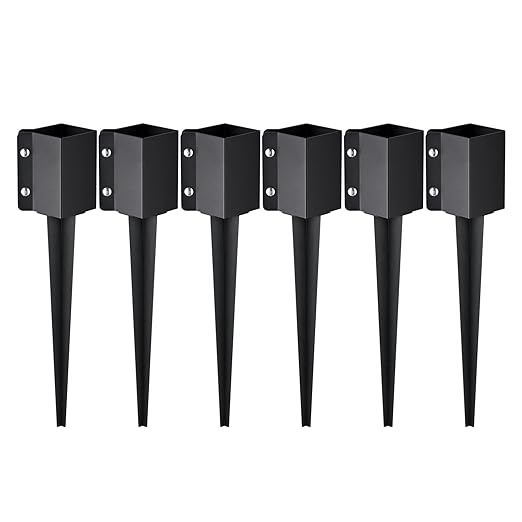 VEVOR Fence Post Anchor, 6 Pack 4 x 4 Inches Outer Diameter (Inner Diameter 3.5 x3.5 Inches) Ground Spike 24", Metal Black Powder Coated Post Stake Ground, for Mailbox Deck Garden Railing