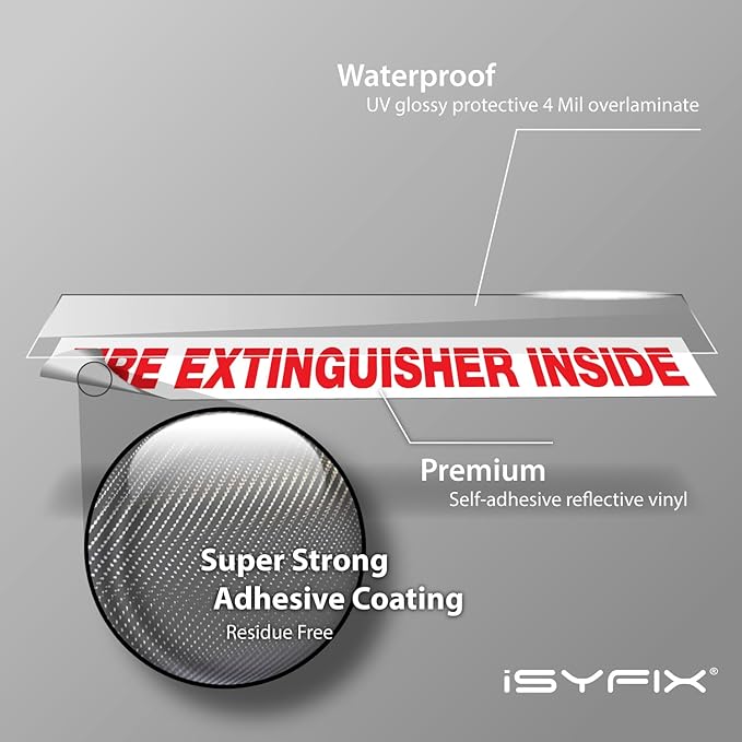 iSYFIX Fire Extinguisher Inside Sticker Sign – 10 Pack 9x1.7 Inch – Self-Adhesive Reflective Vinyl Decals, Laminated UV, Weather, Scratch, Fade Resistance, for Cars, Trucks, Trailers & Vehicles