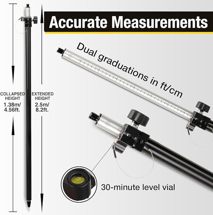 Telescopic GPS Pole, 8.2 FT Surveying Prism Pole, 1 Piece Design with Outer GT Graduations for Land Surveying