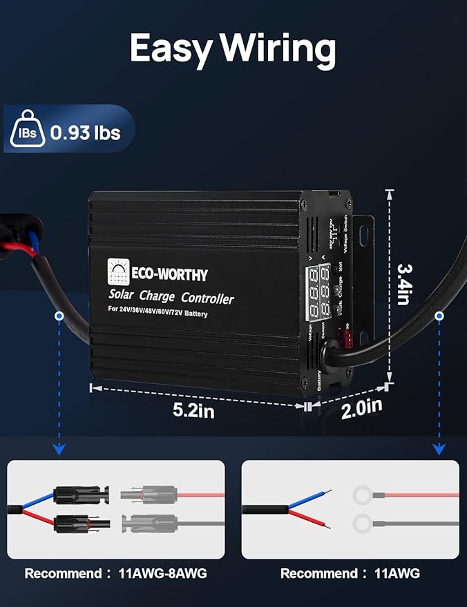ECO-WORTHY 12A Boost MPPT Solar Charge Controller Solar Panel Regulator for 48V/60V/72V Lead-Acid, LiFePO4, Gel, Flooded Batteries .etc in Golf Cart Electric Vehicles and Solar System