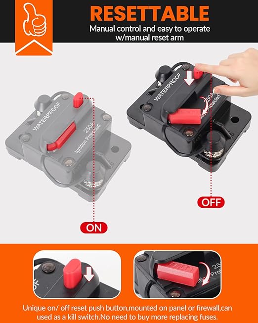 250Amp Circuit Breaker for Boat Trolling Motor Marine ATV Trailer Vehicles Stereo Audio Electronic Battery Solar System Inline Fuse with Manual Reset Switch Waterproof DC 12V-48V (250A)