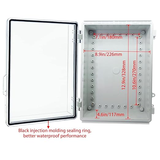 Junction Box, Hinged Clear Cover Stainless Steel Latch IP67 Waterproof ABS Project Box with 2 Cable Glands,Electrical Box Enclosure with Mounting Plate & Wall Bracket 13.8x9.8x5.9inch
