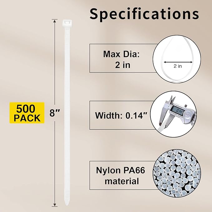 Zip Ties 8 Inch, 500 Pack, White Cable Ties for Multi-Purpose, Nylon/Plastic Wire Ties for Home Improvement, Office & Outdoor Use (Clear-Colored Style), 40lb Tensile Strength.