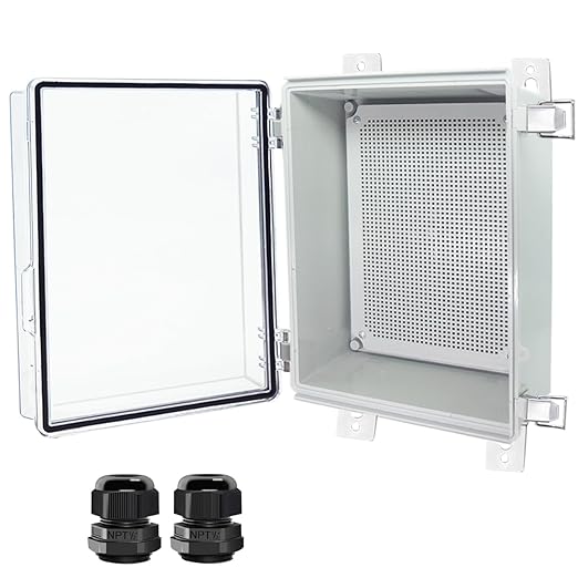 Junction Box, Hinged Clear Cover Stainless Steel Latch IP67 Waterproof ABS Project Box with 2 Cable Glands,Electrical Box Enclosure with Mounting Plate & Wall Bracket 13.8x9.8x5.9inch
