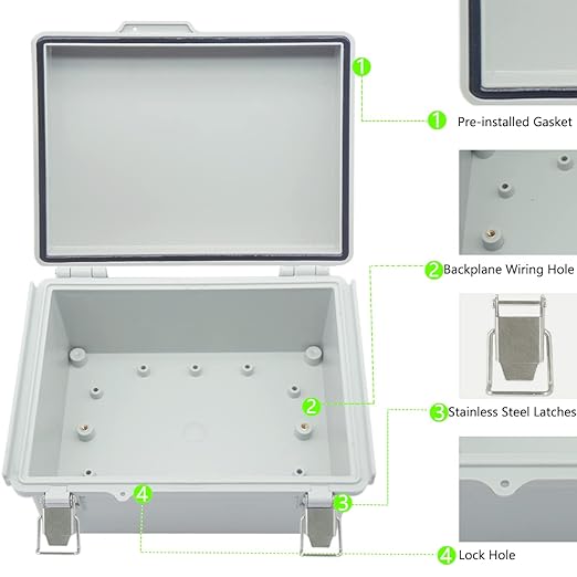 Zulkit Junction Box ABS Plastic Dustproof Waterproof IP67 Electrical Boxes Hinged Shell Outdoor Universal Project Enclosure Grey, Stainless Steel Buckles 8.7 x 6.7 x 4.3 Inch