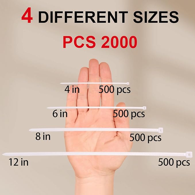 Zip Ties Assorted Sizes 4+6+8+12 Inch, 2000 Pack, White Cable Ties for Multi-Purpose, Nylon/Plastic Wire Ties for Home Improvement, Office & Outdoor Use (Clear-Colored Style).