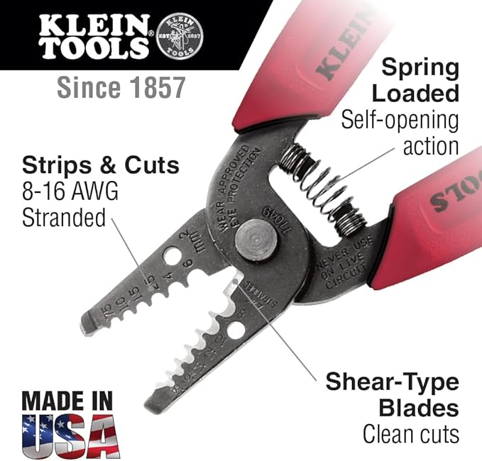 Klein Tools 11049 Wire Stripper/Cutter, Made in USA, Compact, Lightweight, Hardened Steel, Precision Ground, for Stranded Wires