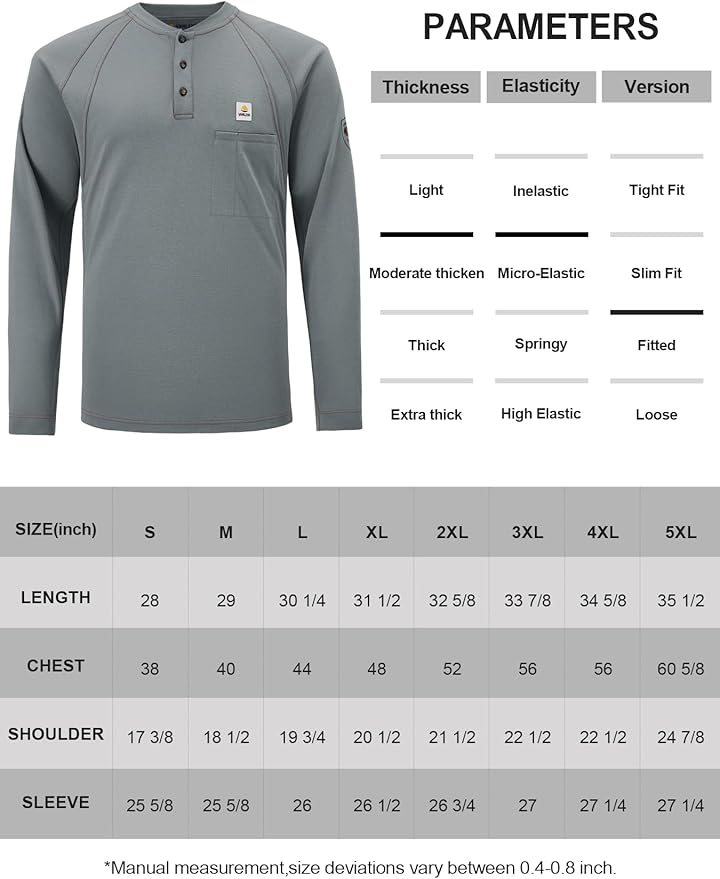 FR Shirts for Men Light Weight Flame Resistant Henley Shirts Long Sleeve Shirts HRC2/CAT2 6.5oz 100% Cotton