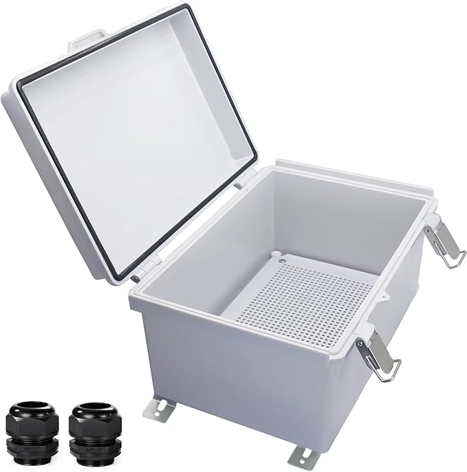Waterproof Outdoor Electrical Box Junction Box Weatherproof IP67 ABS Plastic Enclosure Switch Router Project Box with Mounting Plate with Wall Bracket 2 Cable Glands Grey 11.1" x 7.48" x 5.5"