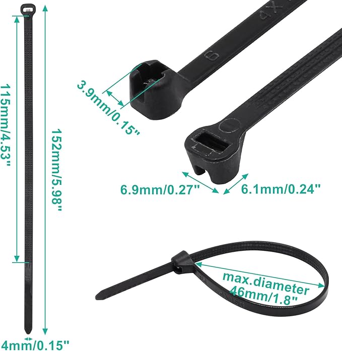 150pcs Push Mount Zip Ties 6 inch, Self Locking Straps Cable Zip Tie with Stainless Steel Metal Tooth Locking Device Heavy Duty Nylon Zip Tie Clips for (6", Black)