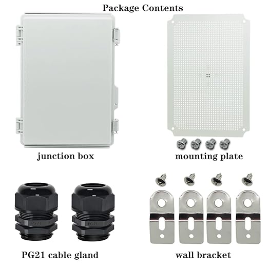 Zulkit Junction Box,IP67 Waterproof Electrical Box Hinged Cover Stainless Steel Buckle Plastic Enclosure for Project w Mounting Plate Wall Bracket and 2 Cable Gland Grey 15"x11"x5.1"/380x280x130mm