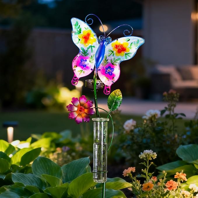 Solar Rain Gauge Outdoor, Butterfly Rain Gauge, Decorative Stained Glass Rain Measure Tool, 7 Inch Tube Rainfall Measurement for Patio, Yard and Garden
