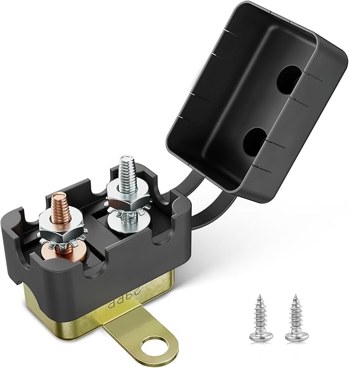 RED WOLF (50A 1PCS) DC 6V-50V Automatic Reset Circuit Breaker #10-32 Stud Bolt Type Circuit Breaker with Metal Fuse Housing Pre-Trimmed Cover Reusable for Boat Marine Trolling Motor RV Battery System