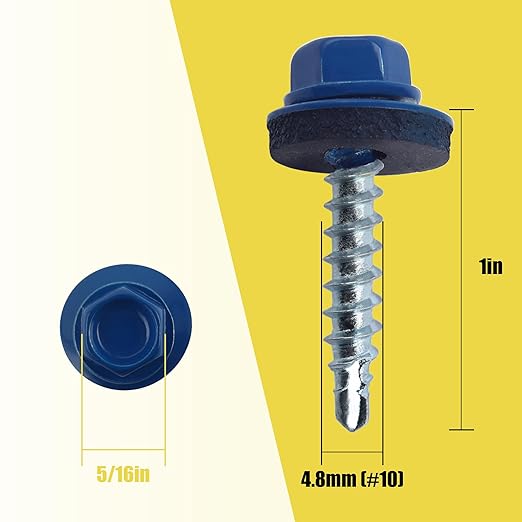 300pcs #10 x 1 Blue Hex Head Self-Drilling Metal Roofing Screws, EPDM Washer, Colored Head, Wood Screws, Sheet Metal Roof Screw with Hex Driver Bit (Blue, 1 in)