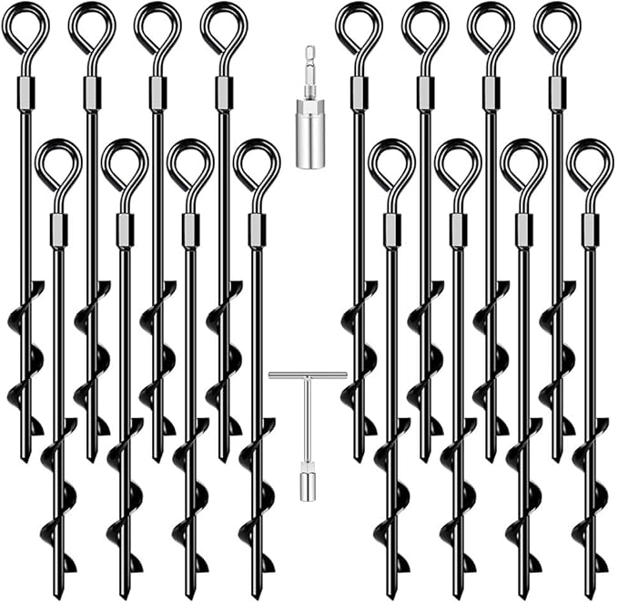 Ground Anchors Screw in Trampoline Anchors Heavy Duty Ground Anchors,Tent Stakes for Camping Tent, Trampoline, Canopies, Carports, Sheds, Swing Sets, Black Anti-Rust Coating for High Wind (16 X 14)
