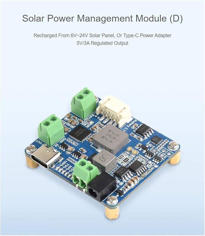 Waveshare Solar Power Management Module (D) for 6V~24V Solar Panel and Type-C Power Adapter,Suitable for Solar-Powered Control System for MCUs/Development Boards Raspberry Pi/Jetson Nano/Arduino
