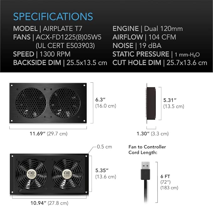 AC Infinity AIRPLATE T7, Quiet Cooling Fan System 12" with Thermostat Control, for Home Theater AV Cabinets