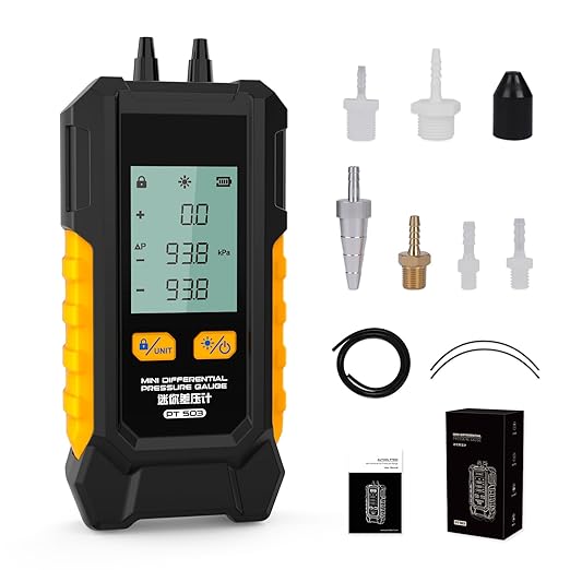 PT503 Manometer Gas Pressure Tester,Dual-Port HVAC Digital Manometer with Range of -100 to 200 KPa, 6 Units, Data Retention, 7Adapters,