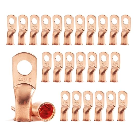 25pcs 4 AWG 5/16" Stud Copper Ring Terminals Battery Cable Ends Wire Lugs 4 Gauge Battery Cable Lugs Heavy Duty Cable Lugs Bare Copper Eyelets Tubular Ring Terminal Connectors