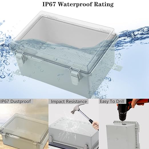 Zulkit Junction Box IP67 Waterproof Electrical Box Hinged Clear Cover Stainless Steel Latch Plastic Enclosure for Project w Mounting Plate Wall Bracket and 2 Cable Gland 13.8"x9.8"x5.9"/350x250x150mm
