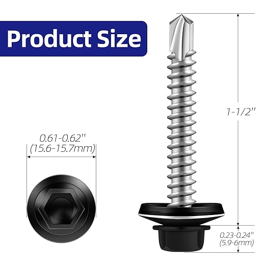 #14 x 1-1/2" Zinc Plated Steel Self Drilling Roofing Screws, Hex Head Self Tapping Screws with EPDM Washer, Black Head, 50 PCS
