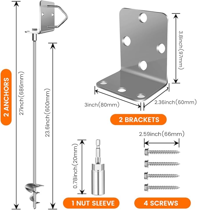 Ground Anchors Shed Anchors 27" Set of 2 Trampoline Stakes Screw in Heavy Duty Mobile Home - Storage Shed Anchor Kit - Playset Swing Anchors - Stakes for Fence,Carport,Garden (Silver, 2 x 27in)
