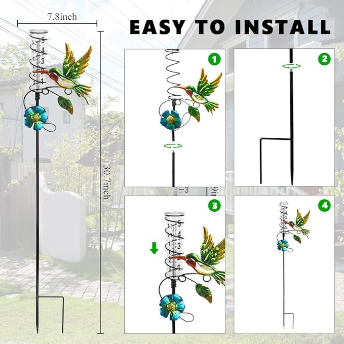 2PS Hummingbird Rain Gauge Outdoor,Solar Powered LED Lights Decorative Rain Gauge with 5 Inch Glass Tube for Yard,Garden,Patio,Lawn