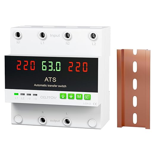 110 VAC Dual Power Automatic Transfer Switch, 2-Pole 63 Amp DIN Rail ATS, Adjustable Emergency Power Switch with 3.54” Guide Rail