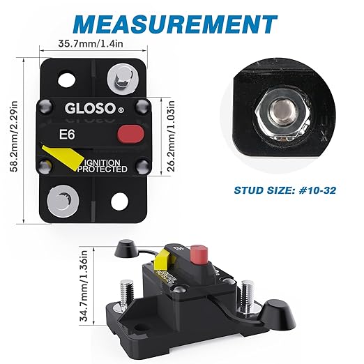 GLOSO Circuit Breaker 10 Amp E69 for Marine Truck Boat RV Automotive Mid Range Mini T3 Manual Reset Switchable Compact Medium IP66 (10 A)