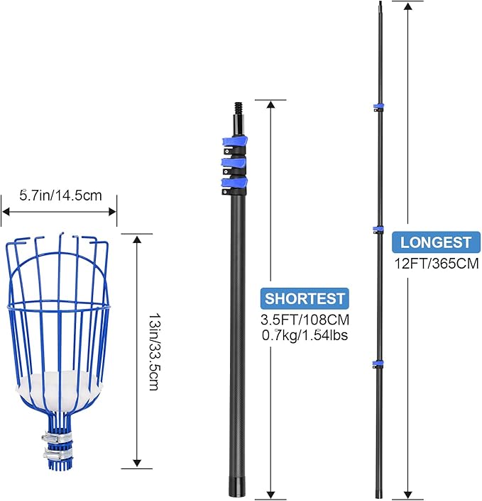DOBEN Carbon Fiber Telescopic Fruit Picker, 12FT Extendable Pole with Picking Basket for Harvesting Apples, Oranges, Pears, Avocados on High Trees - Lightweight & Durable
