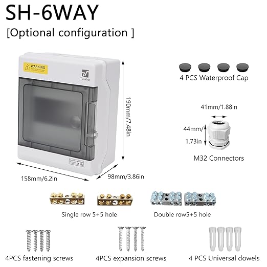 Waterproof 6 Way Breaker Box IP66 PC/ABS Alloy Plastic Power Distribution Box Enclosure with Clear Cover, Bus Bars and DIN Rail