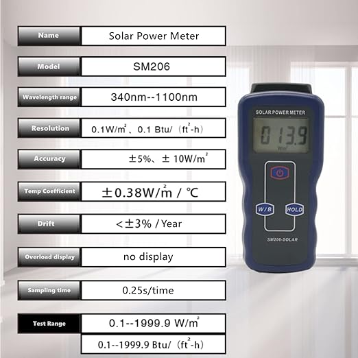 Digital Solar Power Meter, Sun Light Energy Measuring Tester for Testing Car Window Performance, Handheld Portable Sunlight Meter, W/m2 Meter