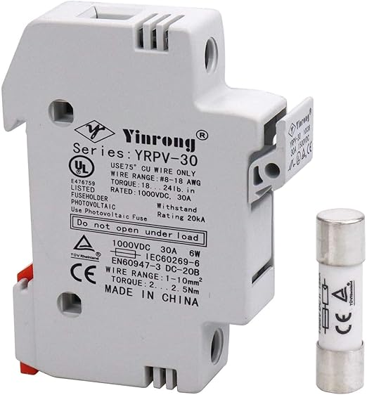 ZOOKOTO 2 PCS Solar Fuse Holder 15A 1000V DIN Rail Mount Fuse Holder 1 Pole White Plastic Housing with 10x38mm 2 Fuses 15A