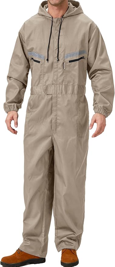 Mens Work Coveralls Mechanic Hooded Overall Workwear Jumpsuits Long Sleeve Hi Viz Coverall with Zippers
