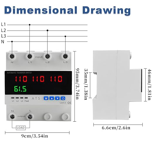 4P Automatic Transfer Switch with LCD Display, 63A Triple Power ATS with 4 Digital Displays for Input & Output Real-Time Volrage Monitoring, Automatic Changeover for Utility/Generator/Solar