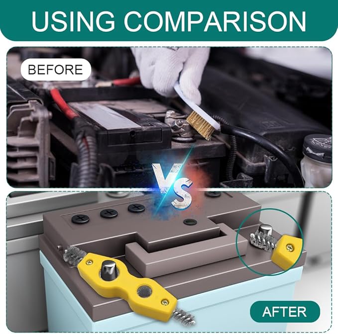 4 in 1 Car Battery Cleaning Brush, Battery Terminal Cleaner, Anti-Rust Car Terminals Machine Parts Cleaning Tool with Steel Wire, Auto Post Cleaner Brush Tool Fit for Vehicle & Marine (Yellow)