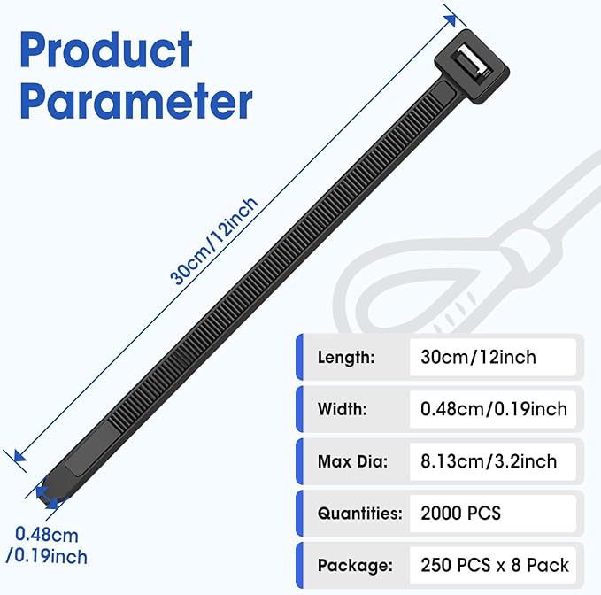 12 Inch 2000 PCS Zip Ties, Cable Ties 50lbs Tensile Strength, Black Zip Ties for Indoor and Outdoor Use, UV Resistant Wire Ties
