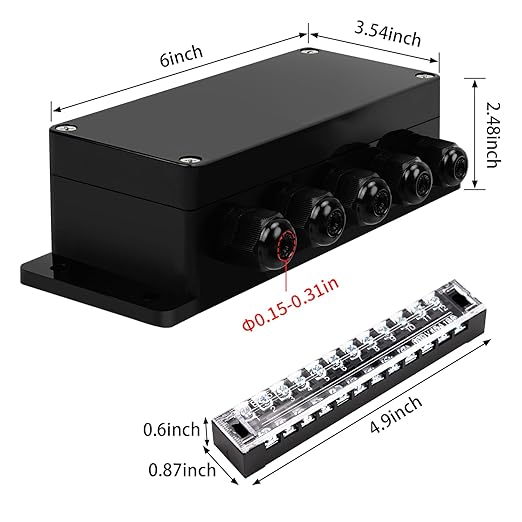 ABS IP67 Waterproof Dustproof Electrical Junction Box, with 15A 600V Barrier Terminal Cable Connector, 5 in/5 Out Power Junction Box（6.22 * 3.54 * 2.5in）