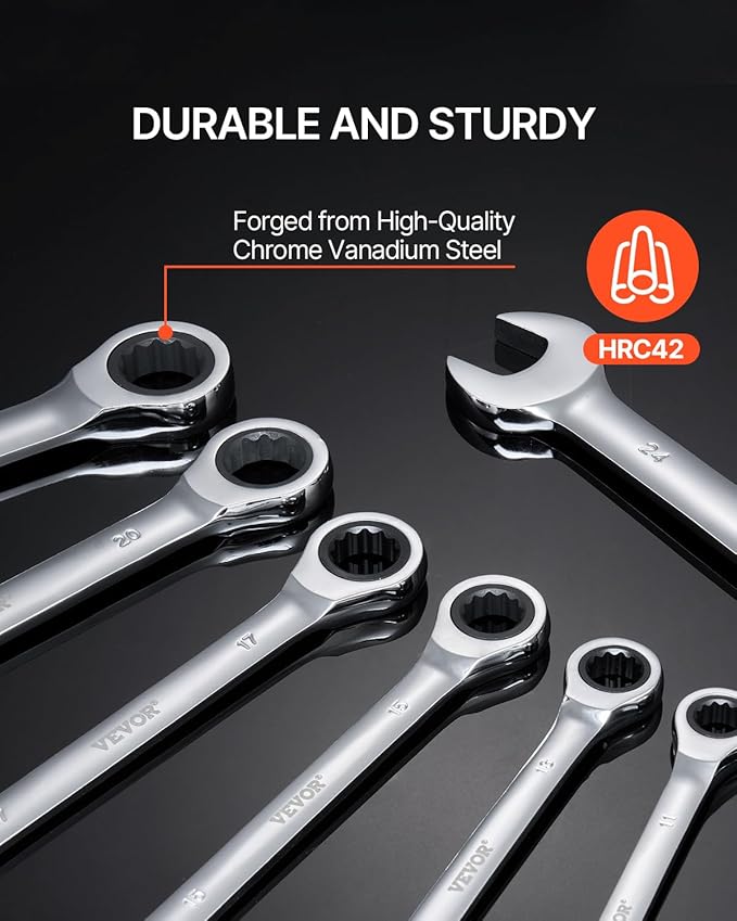 VEVOR Combination Wrench Set, 30-Piece Ratcheting Wrench Set with Organizer Rack, Cr-V Steel Wrench Set SAE 1/4" to 1", Metric 8 mm to 24 mm, Ideal for General Household, Garage, Workshop, Emergency