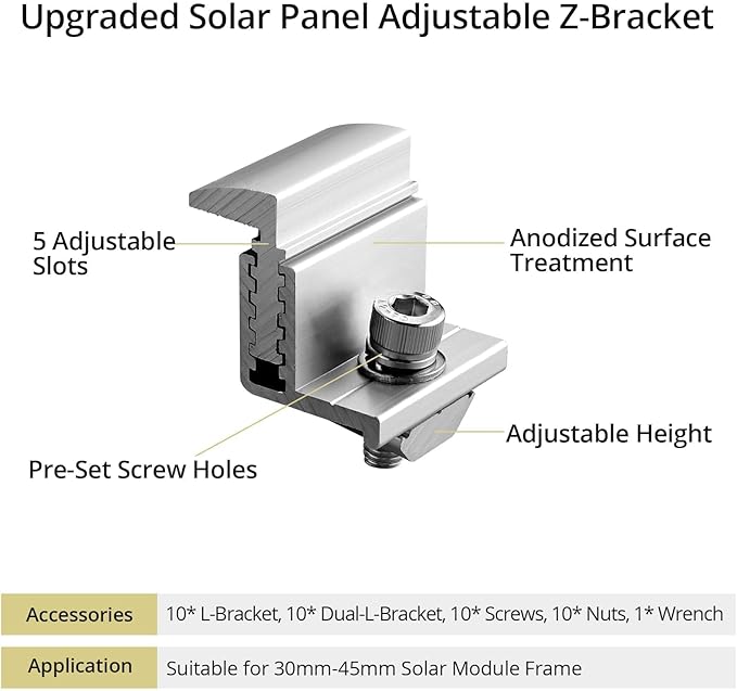 Anbte Solar Panel Mounting Brackets 30-50mm Adjustable, 10pcs Aluminum Solar Panel End Clamp Include 10*Screw M8 and 1*Wrench, Solar Mount Kit for Metal Roof, Tin Roof, Flat Roof, Sheet Roof, Silver
