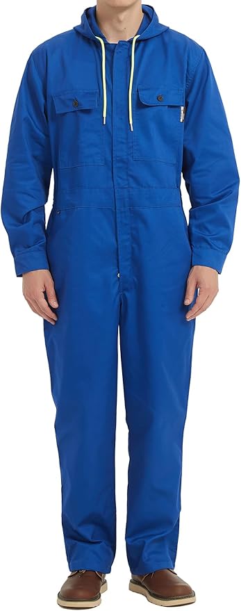 Mens Cotton Blend Long Sleeve Coverall Multi Pockets Zip Overall Mechanic Work Jumpsuit with Hood