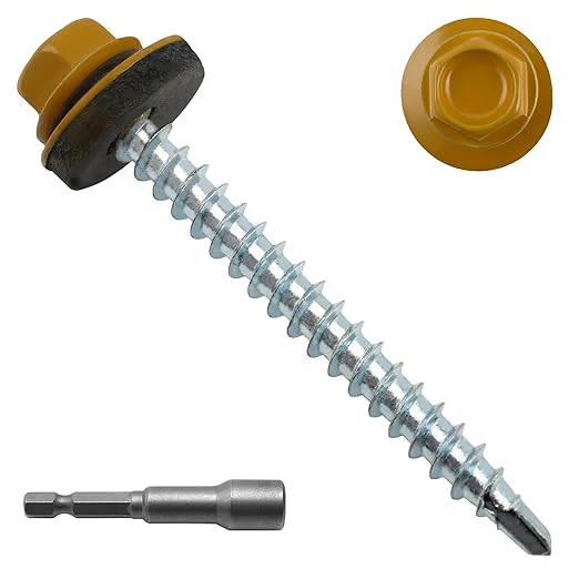 200pcs #10 x 2 Yellow Hex Head Self-Drilling Metal Roofing Screws, EPDM Washer, Colored Head, Wood Screws, Sheet Metal Roof Screw with Hex Driver Bit (Yellow, 2 in)