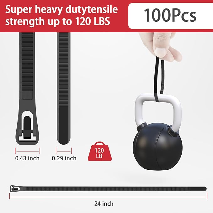 BethTie 24 Inch Black Resuable Long Zip Ties Heavy Duty 100 Pack, 120 lbs Releasable Nylon Cable Ties, Adjustable Tie wrap,UV Resitant Wire Ties Removable for Cord Management