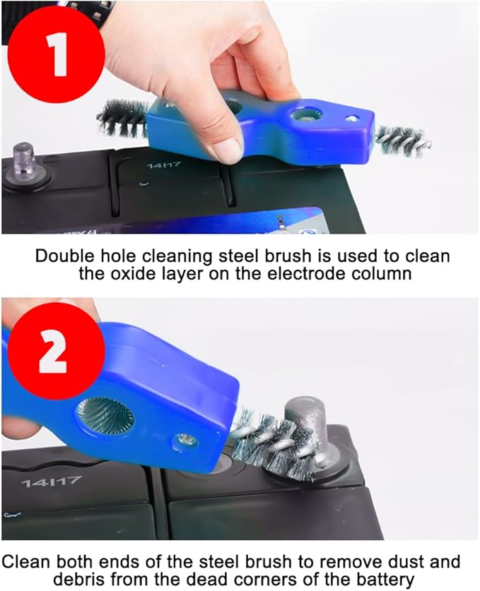 BELOMI 2PCS Car Battery Terminal Cleaning Brush, 4 in 1 Rustproof Battery Cleaner Tool with Steel Wire, Auto Universal Interior and Exterior Battery Terminals Machine Parts（Blue）