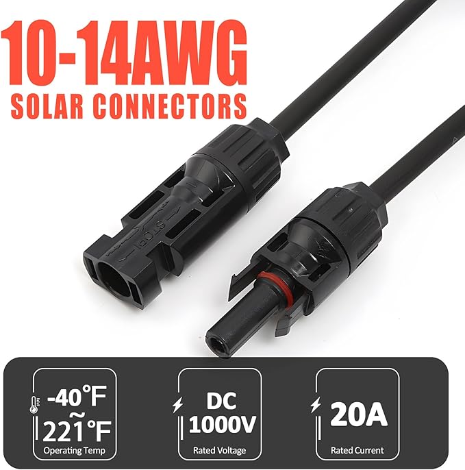 20 FT 10AWG Solar Extension Cable with Female and Male Connector with Extra Free Pair of Solar Y Connector Adaptor Kit for Home, Ship and RV Solar Panels (20FT Red + 20FT Black)