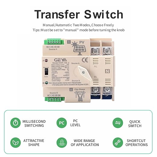 GEYA on-Grid Solar Power Automatic Transfer Switch Din Rail 2P 63A 220VAC ATS PV System to City Power (ATS-2P-63A-220V-SOLAR)